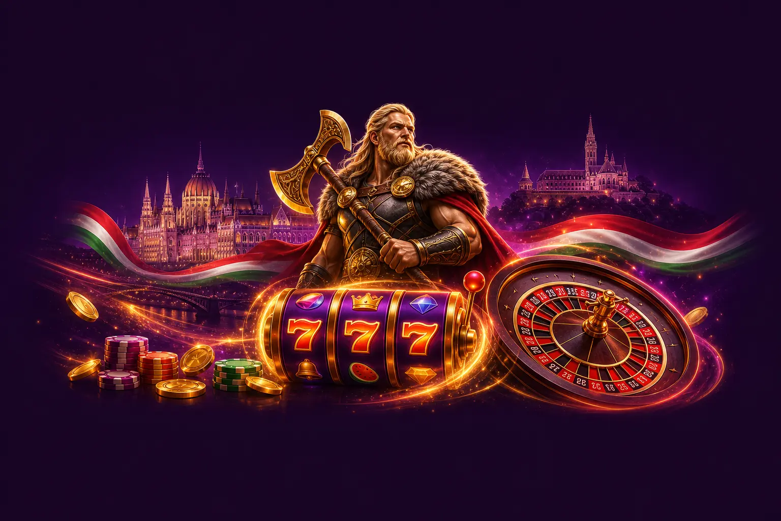 HitnSpin online casino Hungary hero scene with glowing slot reels, a roulette wheel and a heroic Viking warrior, faint Budapest skyline silhouette, subtle red-white-green Hungarian flag accents